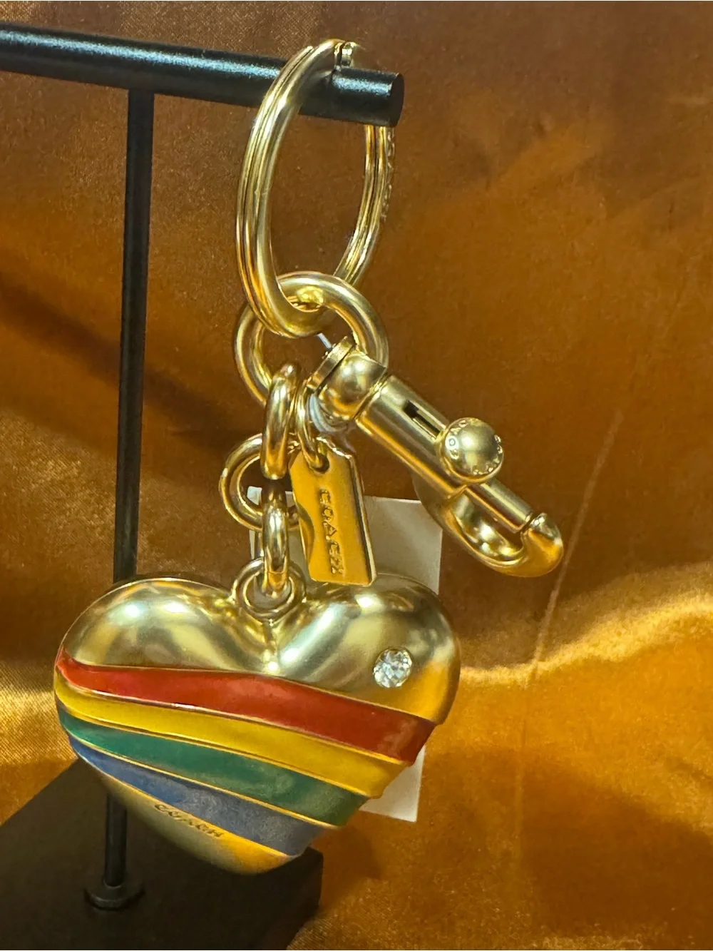 NWT Coach Gold Heart Bag or Keychain Red, Yellow, Green & Blue Stripes w/ Dusty